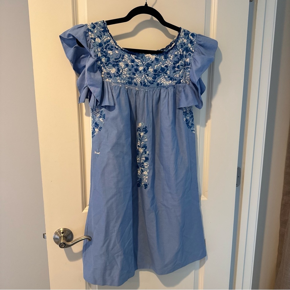 Mi Golondrina Handmade in Mexico Blue Rosa Flores Mini Dress | XS